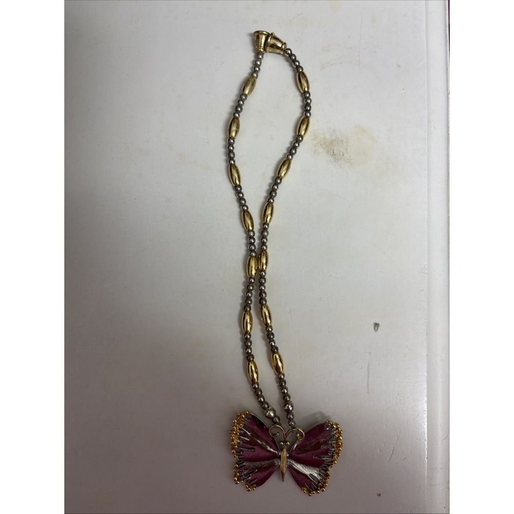Vintage Butterfly Pendant Necklace Two Tone Beaded Magnetic Clasp Mauve Enamel